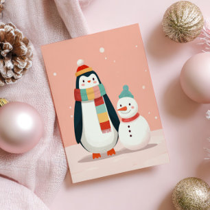 Cute Penguin with Snowman Pastel Pink Christmas Postcard