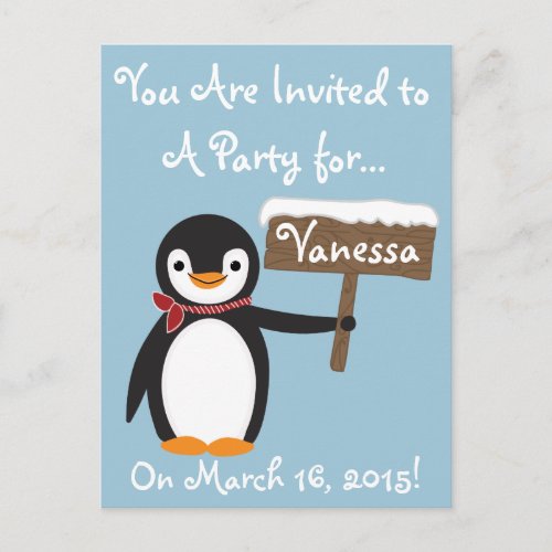 Cute Penguin with Striped Scarf Customizable Invitation Postcard