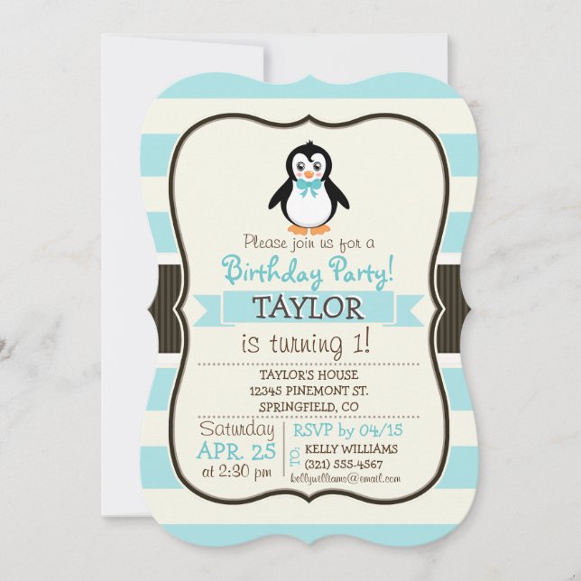 Cute Penguin with Turquoise Bowtie Invitation (Front)