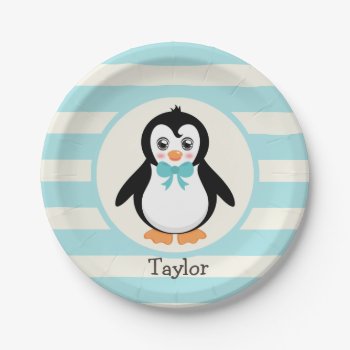Cute Penguin With Turquoise Bowtie Paper Plates by Birthday_Party_House at Zazzle