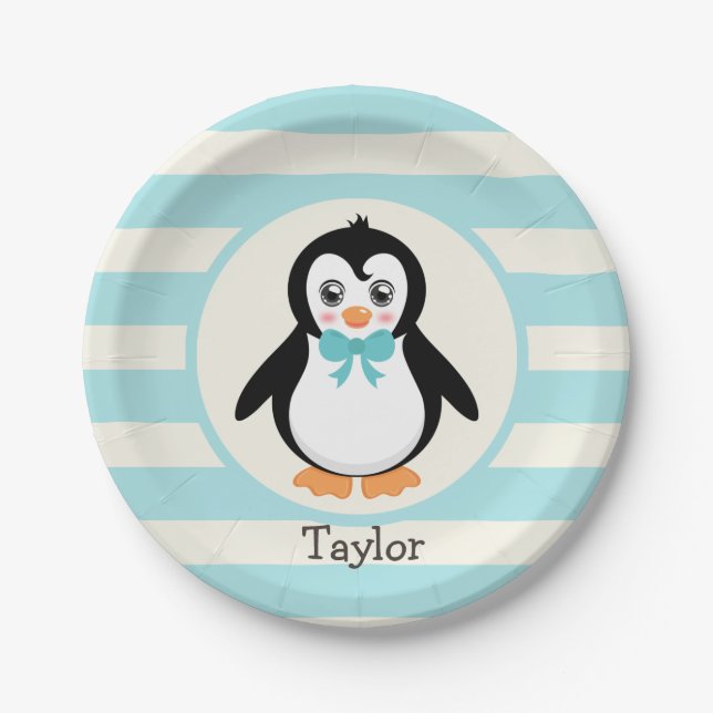 Cute Penguin with Turquoise Bowtie Paper Plates (Front)