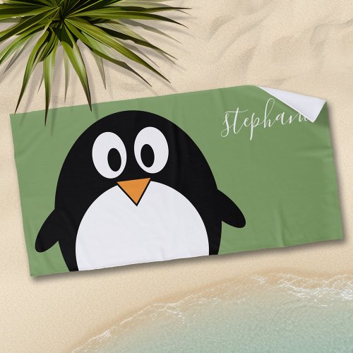 Cute Penguin with Whimsical green handwritten name Beach Towel