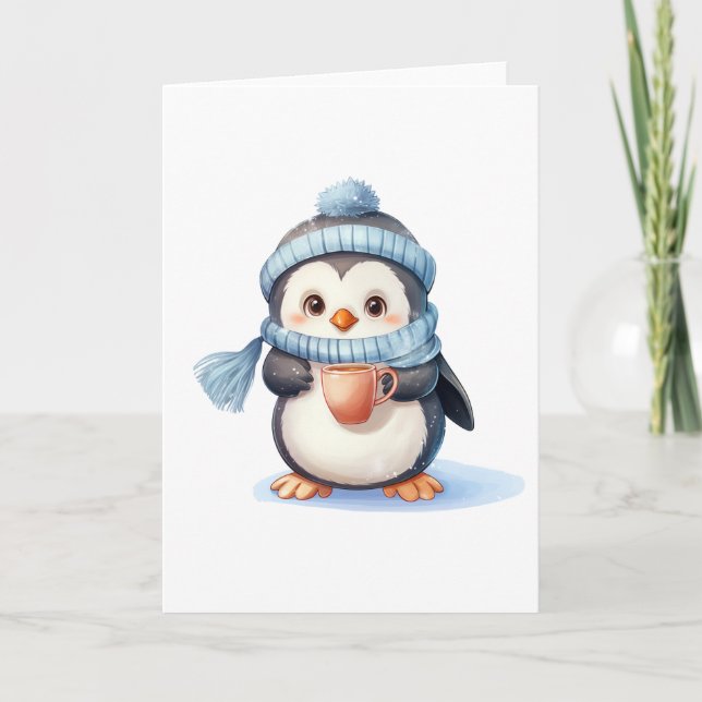 Cute Penguin with Winter Clothes and Cup BLANK  Holiday Card (Front)