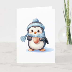 Cute Penguin with Winter Clothes and Cup BLANK  Holiday Card