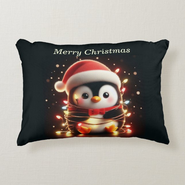 Cute Penguin Wrapped in Christmas Lights Accent Pillow (Front)