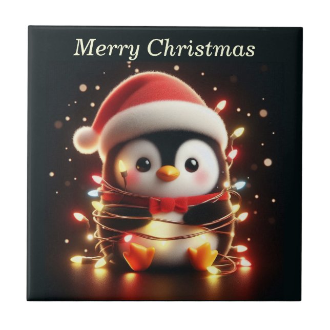Cute Penguin Wrapped in Christmas Lights Ceramic Tile (Front)