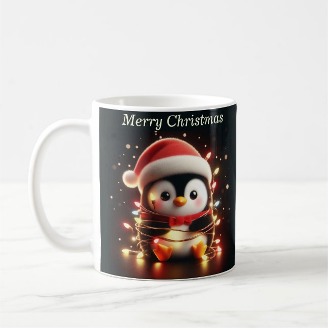 Cute Penguin Wrapped in Christmas Lights Coffee Mug (Left)