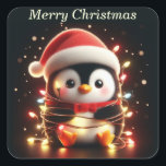 Cute Penguin Wrapped in Christmas Lights Square Sticker<br><div class="desc">A cute penguin wearing a Santa hat sits wrapped in a string of lit colorful Christmas lights.</div>