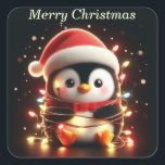 Cute Penguin Wrapped in Christmas Lights Square Sticker<br><div class="desc">A cute penguin wearing a Santa hat sits wrapped in a string of lit colorful Christmas lights.</div>