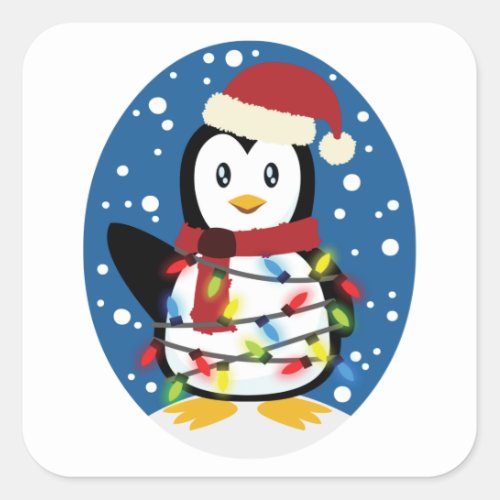 Cute Penguin Xmas Santa Winter Holiday Gift Square Sticker