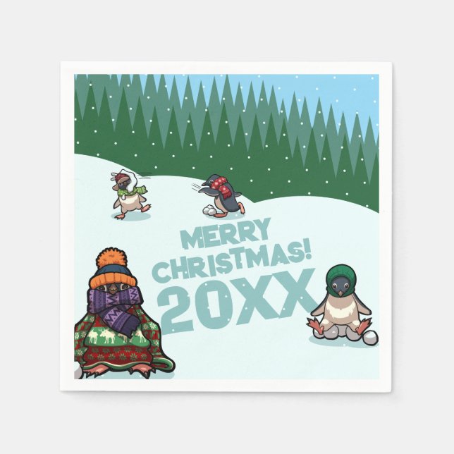 Cute Penguins Add The Year Merry Christmas! Winter Napkins (Front)