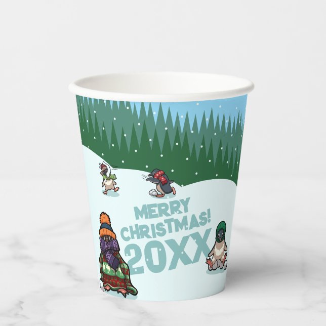 Cute Penguins Add The Year Merry Christmas! Winter Paper Cups (Front)