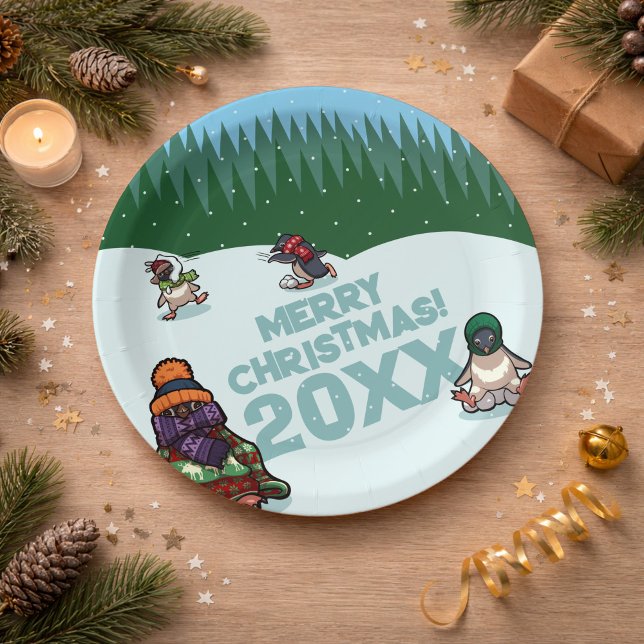 Cute Penguins Add The Year Merry Christmas! Winter Paper Plates (Creator Uploaded)