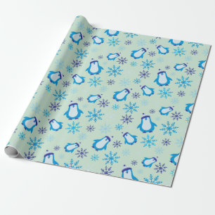 Cute Penguins and Blue Snowflakes Winter Seamless Wrapping Paper