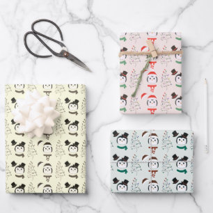 Cute Penguins and Modern Christmas Trees Christmas Wrapping Paper Sheets