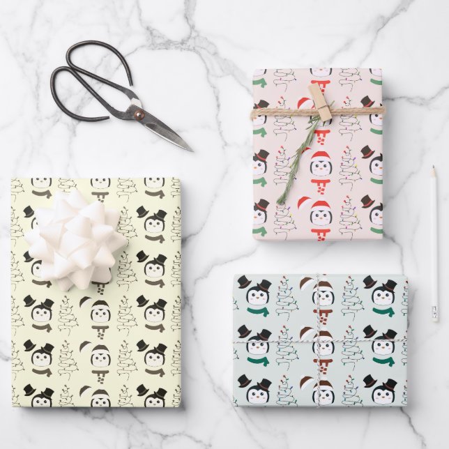 Cute Penguins and Modern Christmas Trees Christmas Wrapping Paper Sheets (Front)