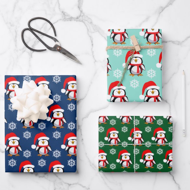 Cute penguins and snowflakes Christmas Wrapping Paper Sheets (Front)
