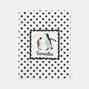 Cute Penguins, B&W polka dots, personalize w name Fleece Blanket