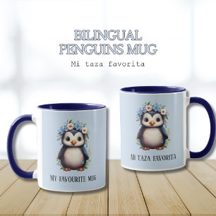 Cute Penguins Blue Custom Bilingual Spanish Text Mug