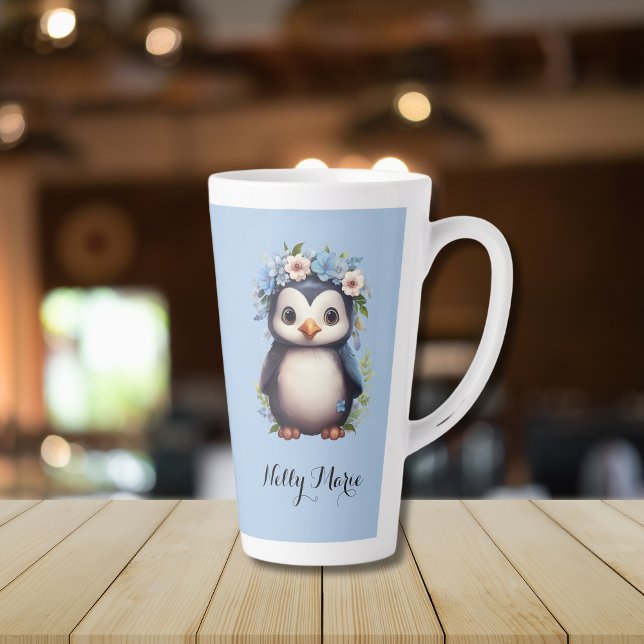 Cute Penguins Blue Custom Name & Initials Latte Mug (Penguins latte mug, custom monogram initials or name bilingual text, Multilingual project)
