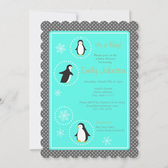 cute penguins boy baby shower invitation (Front)
