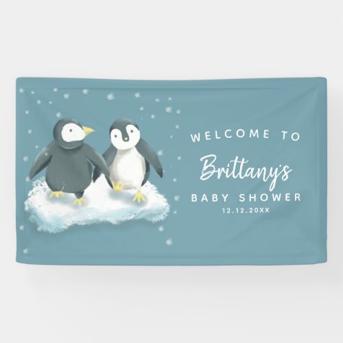 Cute Penguins Boy Winter Baby Shower Banner
