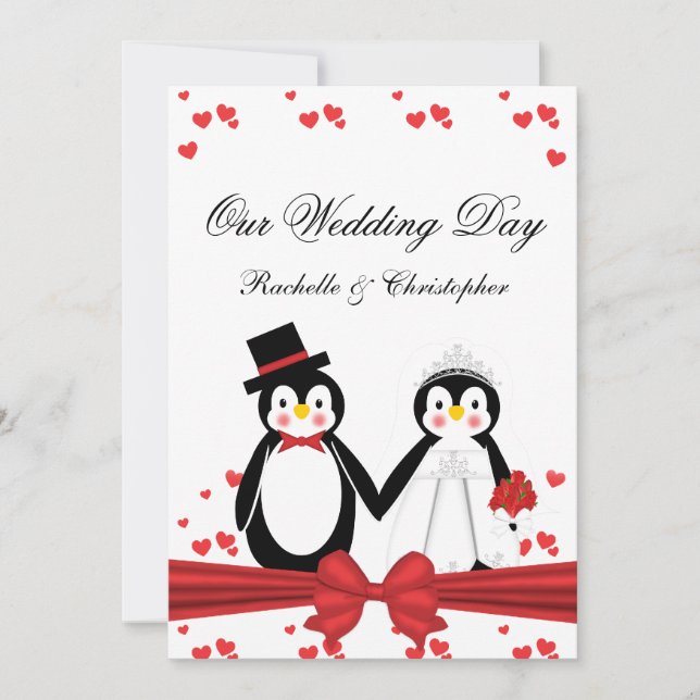 Cute Penguins Bride & Groom Wedding Invitations (Front)