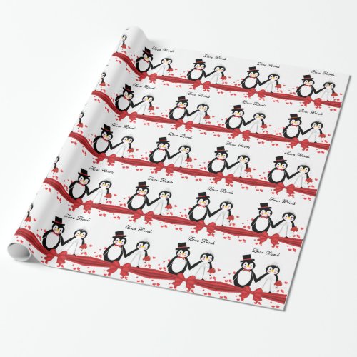 Cute Penguins Bride  Groom Wedding Wrapping Paper