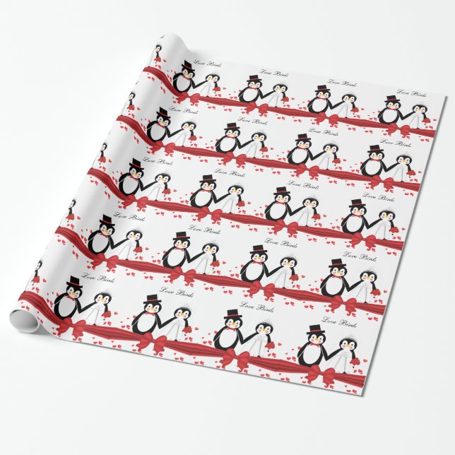 Cute Penguins Bride & Groom Wedding Wrapping Paper (Unrolled)