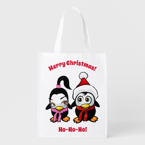 Cute Penguins Celebrating Christmas Grocery Bag