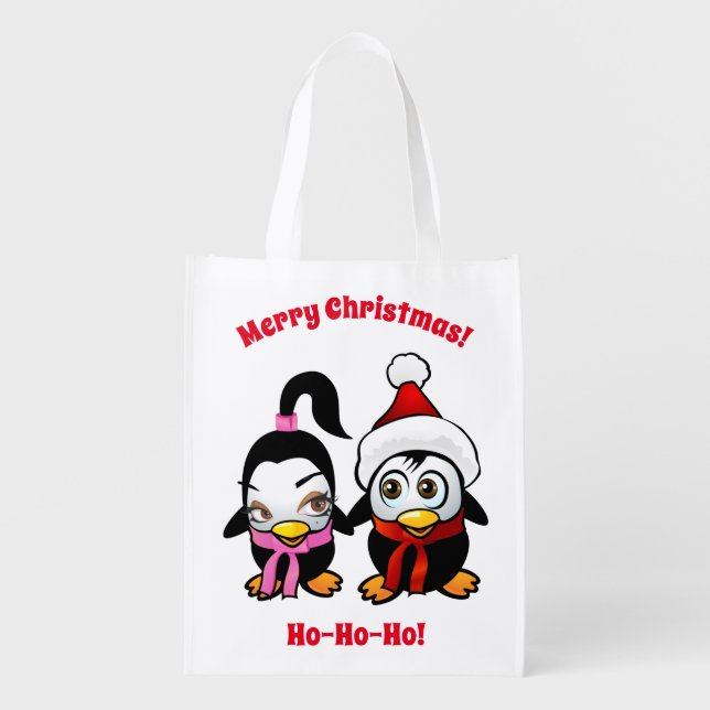 Cute Penguins Celebrating Christmas Grocery Bag (Front)