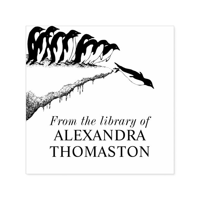 Cute Penguins Cliff Diving Library Book Name Self-inking Stamp (Design)