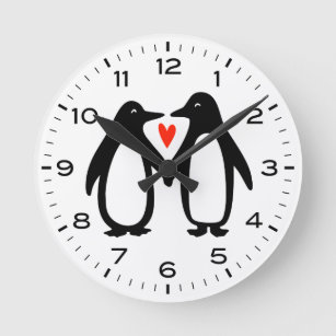 Cute Penguins Couple Holding Hands Round Clock