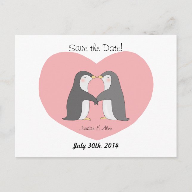 Cute Penguins Couple Save the Date Postcard (Front)