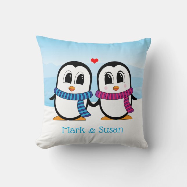 Cute Penguins Couple Throw Pillows (Front)