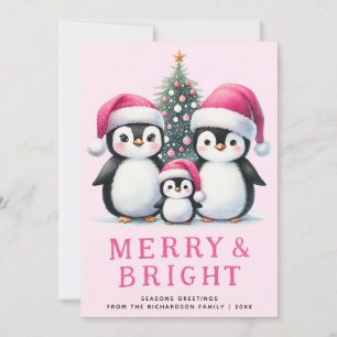 Cute Penguins Family Merry & Bright Pink Christmas Holiday Card