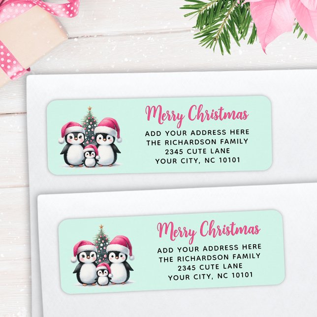 Cute Penguins Family Merry Christmas Pink Mint Label (Creator Uploaded)