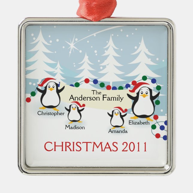 Cute Penguins Family of 4 Christmas Ornament (Front)