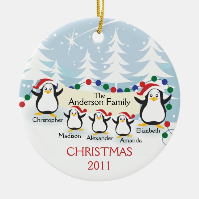 Cute Penguins Family of 5 Christmas Ornament (Front)