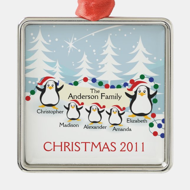 Cute Penguins Family of 5 Christmas Ornament (Front)