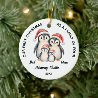 Cute Penguins First Christmas Family of Four Photo Ceramic Ornament