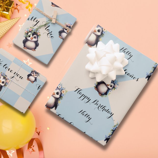 Cute Penguins for Girl Bilingual Happy Birthday  Wrapping Paper Sheets (Penguins Bilingual text wrapping paper. Feliz Cumpleaños, Happy Birthday, & name. Multilingual proje)