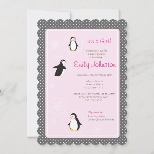 cute penguins girl baby shower 5 x 7  invitation