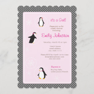 cute penguins girl baby shower 5" x 7" invitation