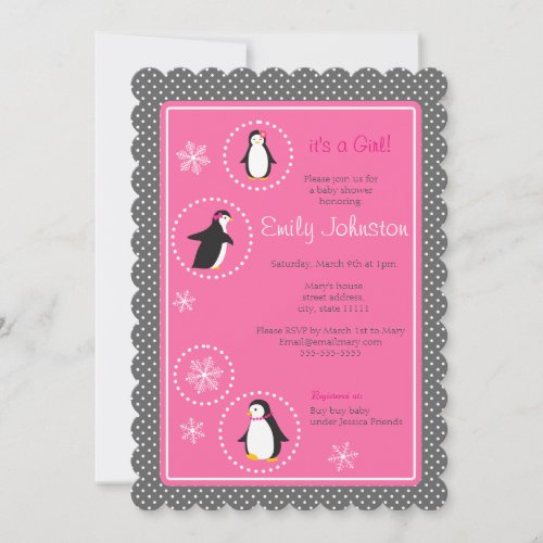 cute penguins girl baby shower 5 x 7 invitation