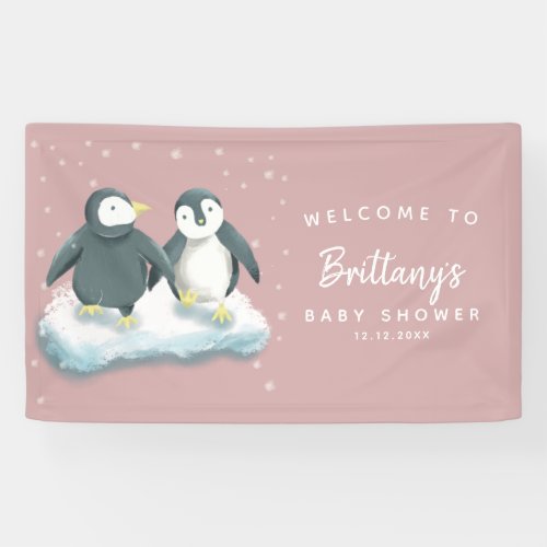 Cute Penguins Girl Winter Baby Shower Banner