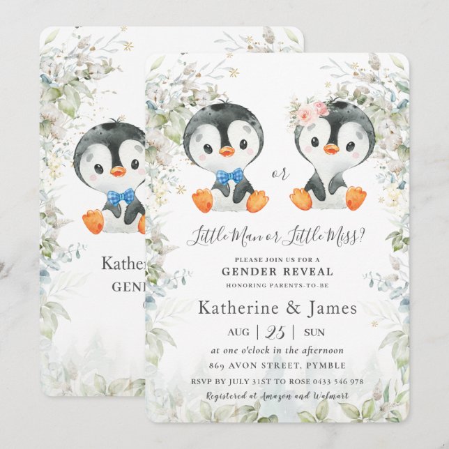 Cute Penguins Greenery Gender Reveal Baby Shower Invitation (Front/Back)