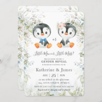 Cute Penguins Greenery Gender Reveal Baby Shower Invitation