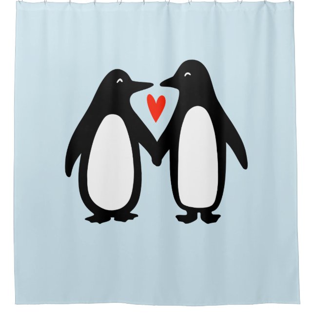 Cute Penguins Holding Hands with Heart Shower Curtain (Front)