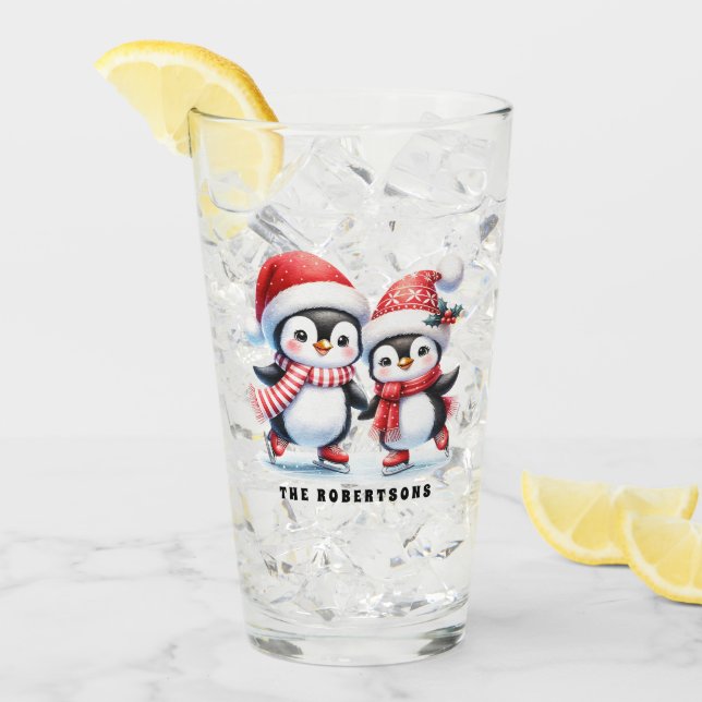 Cute Penguins Ice Skaters Custom Family Christmas Glass (Front Ice)